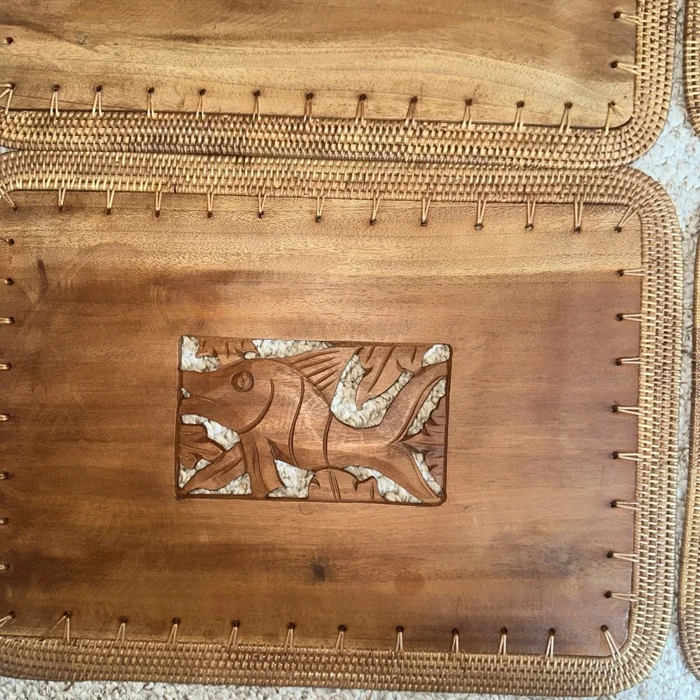 Vtg 60s Indonesian Placemats Hand Carved Birds Fish Wooden Wicker Set of 6‎